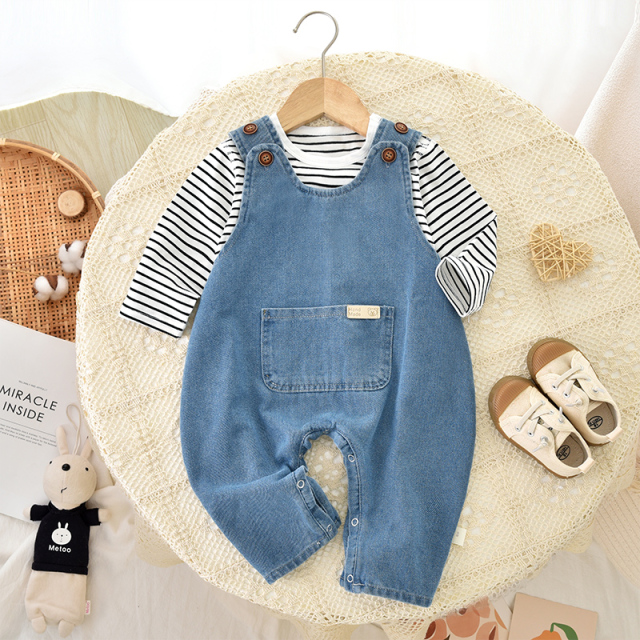 2025新款婴儿牛仔套装春秋季哈衣新生儿爬服潮流宝宝衣服秋装