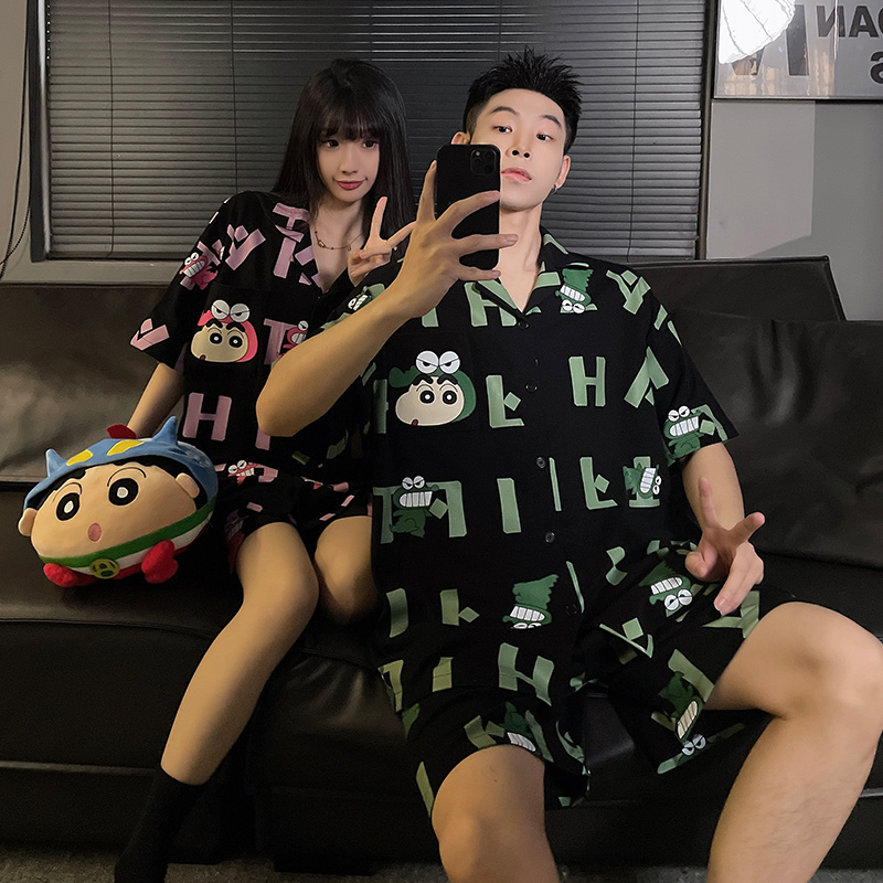 夏季情侣睡衣女短袖三件套蜡笔小新可爱黑色春秋款男士夏天家居服