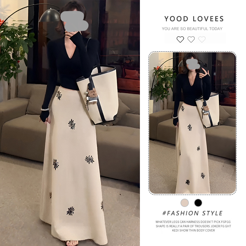 复古时尚V领气质长袖衬衫上衣女2025春秋新款高腰烫钻半身裙套装