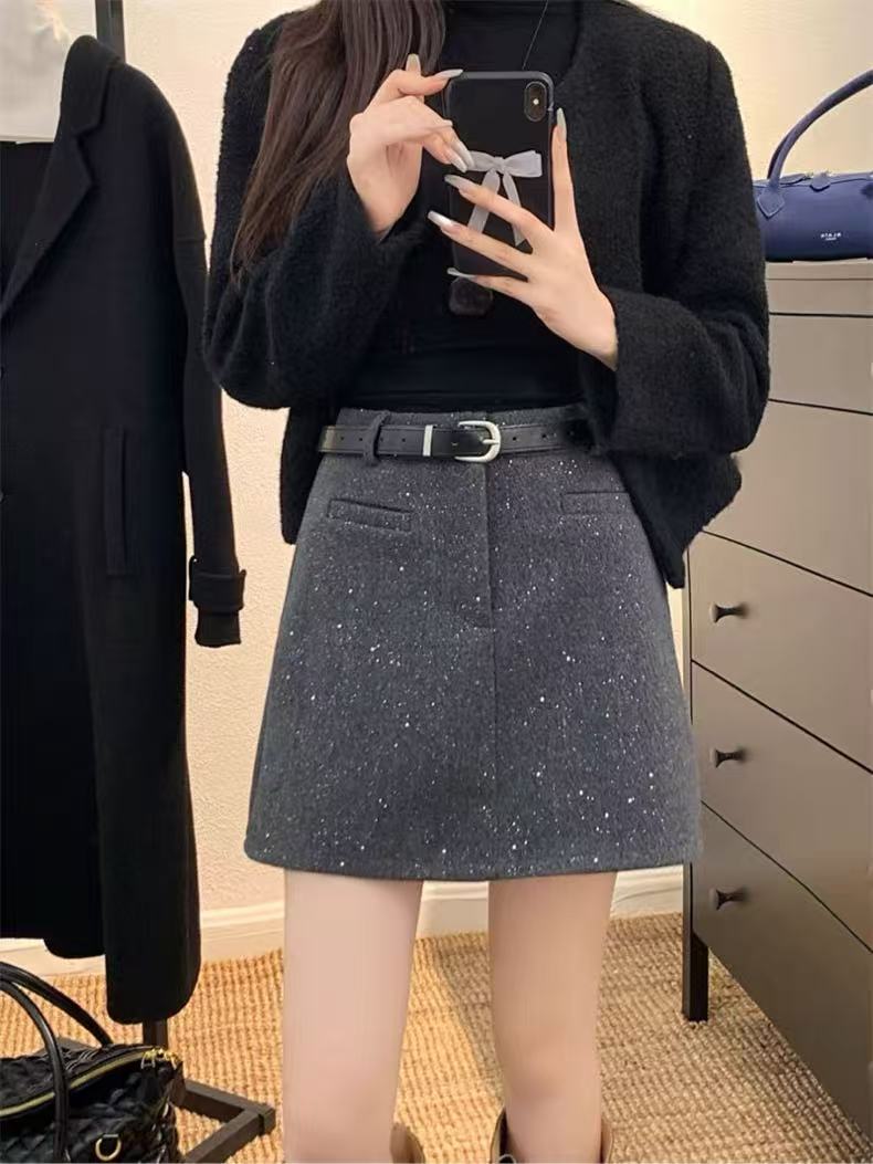 大码胖mm短裙A型显瘦高腰显高亮闪闪半身裙小香风网红半裙黑色