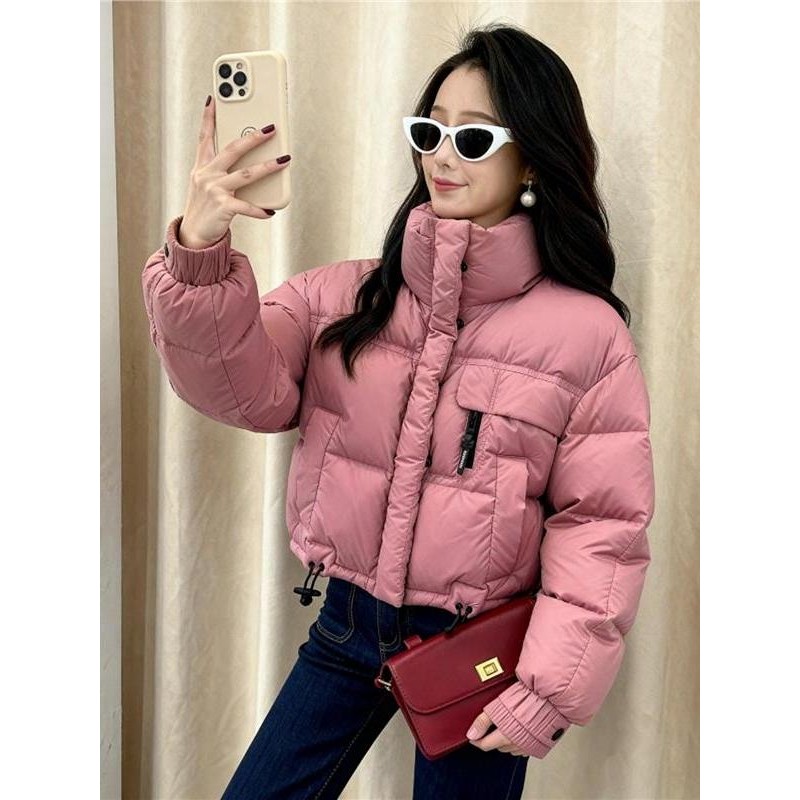 现货！2025巨好看的冬加绒加厚面包服酷飒风玫红色羽绒服短款外套