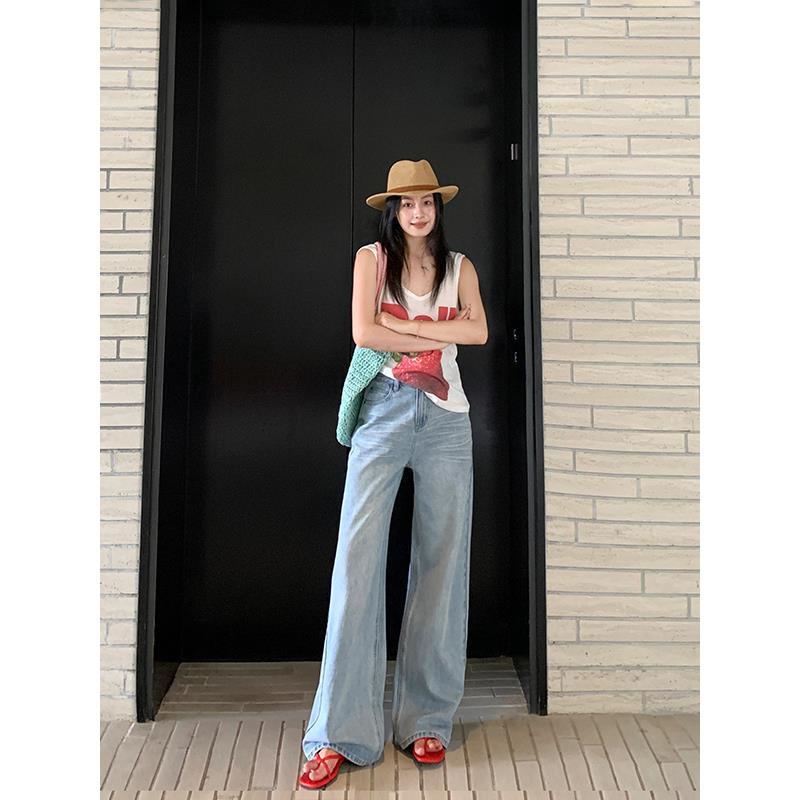 POYZ美式复古浅蓝色直筒牛仔裤女夏季时髦凉感高腰复古宽松阔腿裤