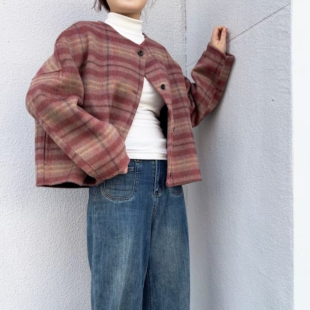 韩版宽松圆领双面短款气质高级感大衣