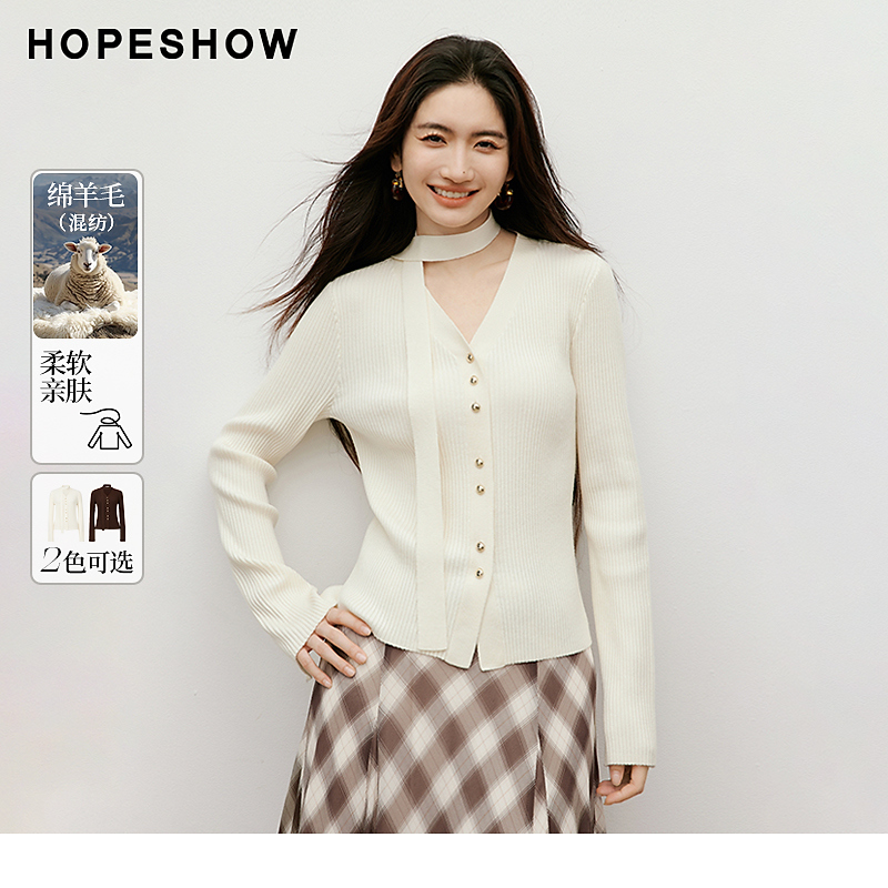 红袖2025秋季女装 可拆卸飘带单排扣开叉长袖针织开衫90125280102