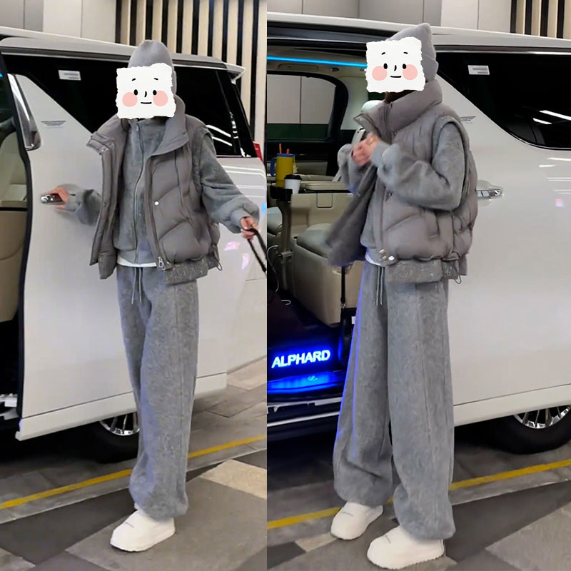欧货时尚个性网红炸街宽松短款马甲外套加绒卫衣加绒卫裤三件套