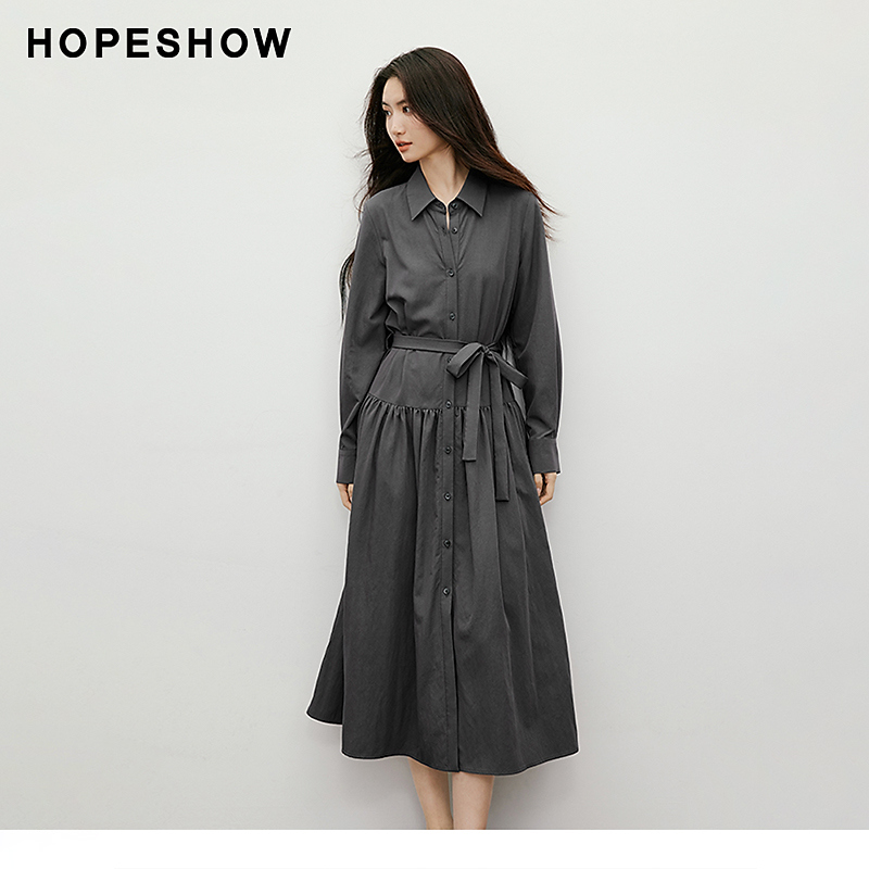 红袖2025秋季新款女装 捏褶拼接系带单排扣衬衫连衣裙90225281601