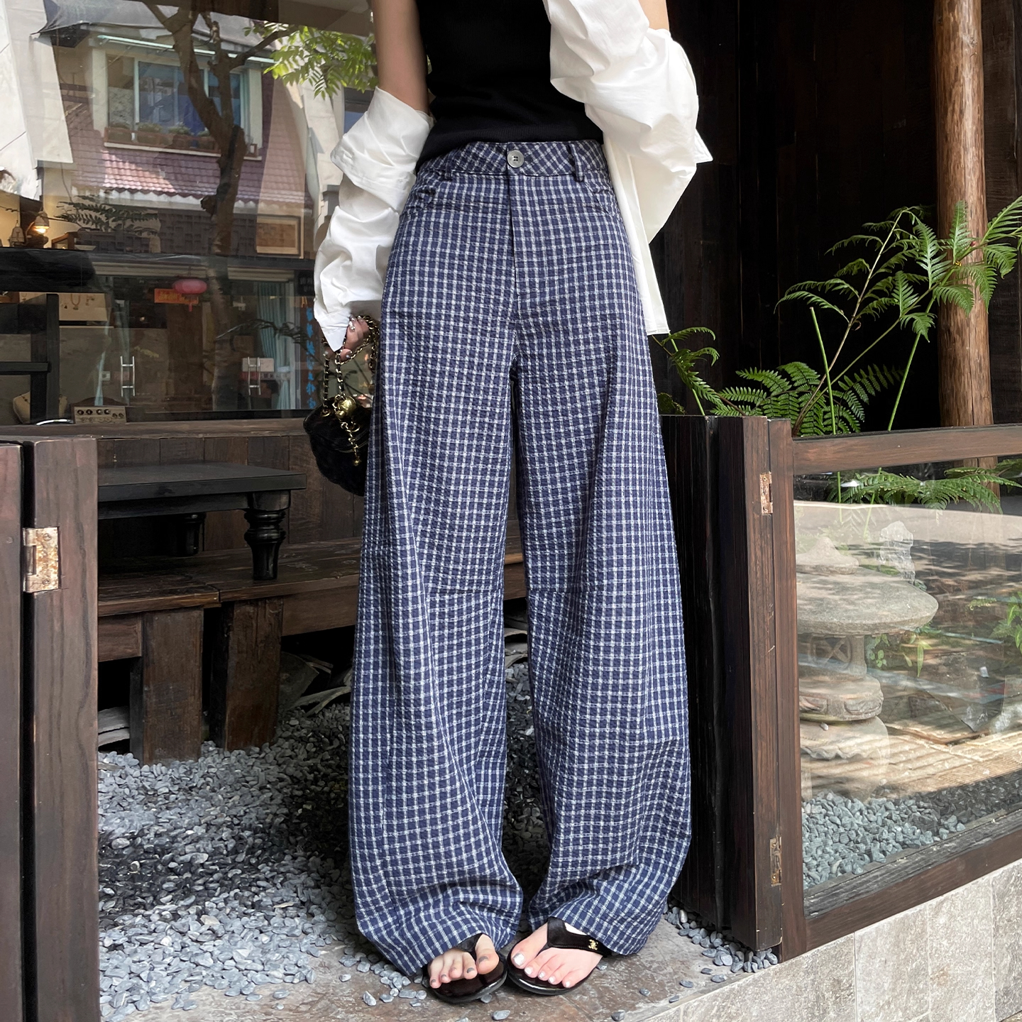 海岛泡泡棉格子裤2025秋季新品女慵懒松弛感阔腿裤休闲镰刀裤子