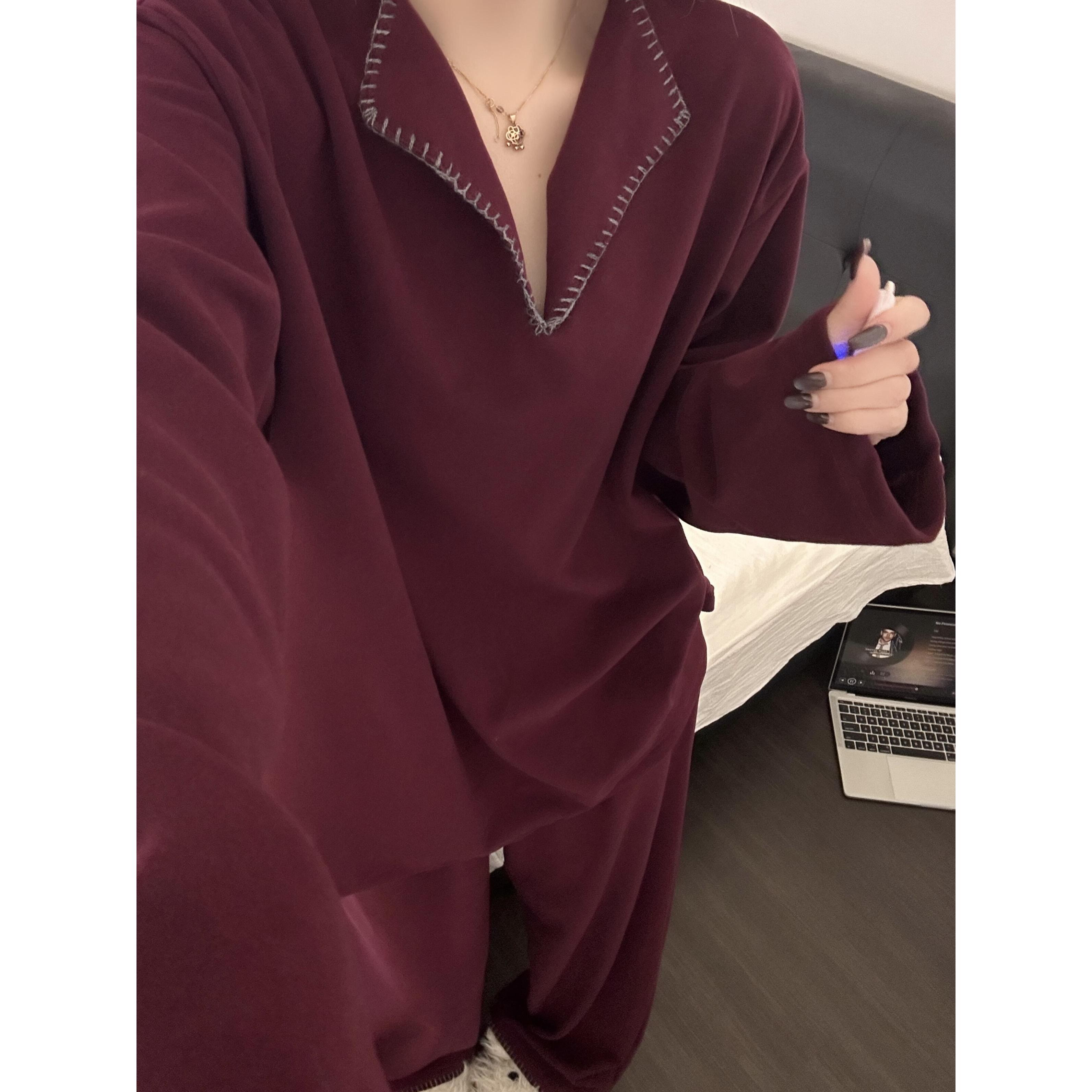 复古酒红色V领德绒睡衣女春秋新款长袖长裤保暖家居服套装可外穿