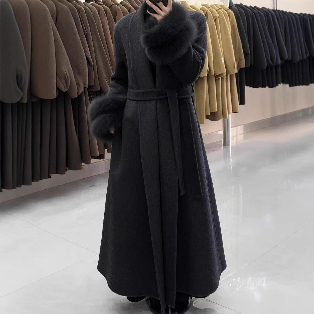 2025新款狐狸毛袖秋冬气质女款双面羊毛大衣长款大翻领毛呢外套