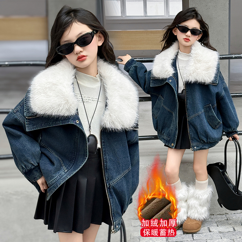 女童冬装加绒牛仔外套2025新款韩版洋气棉衣儿童装秋冬季加厚上衣