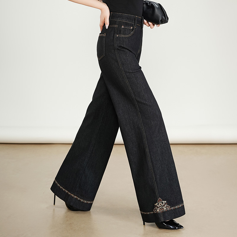 秋冬加绒黑色时尚百搭高腰阔腿绣花牛仔裤女宽松显瘦垂感直筒长裤