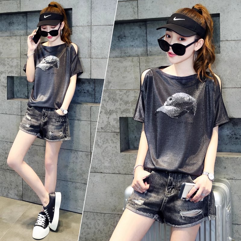 欧洲站时尚欧货2025新款春夏季短袖t恤女装宽松洋气露肩体恤上衣