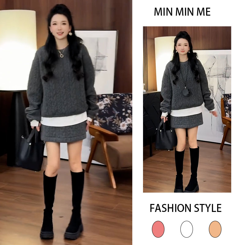 时尚套装加厚法式圆领上衣女搭休闲半身短裙2025秋冬季新款两件套