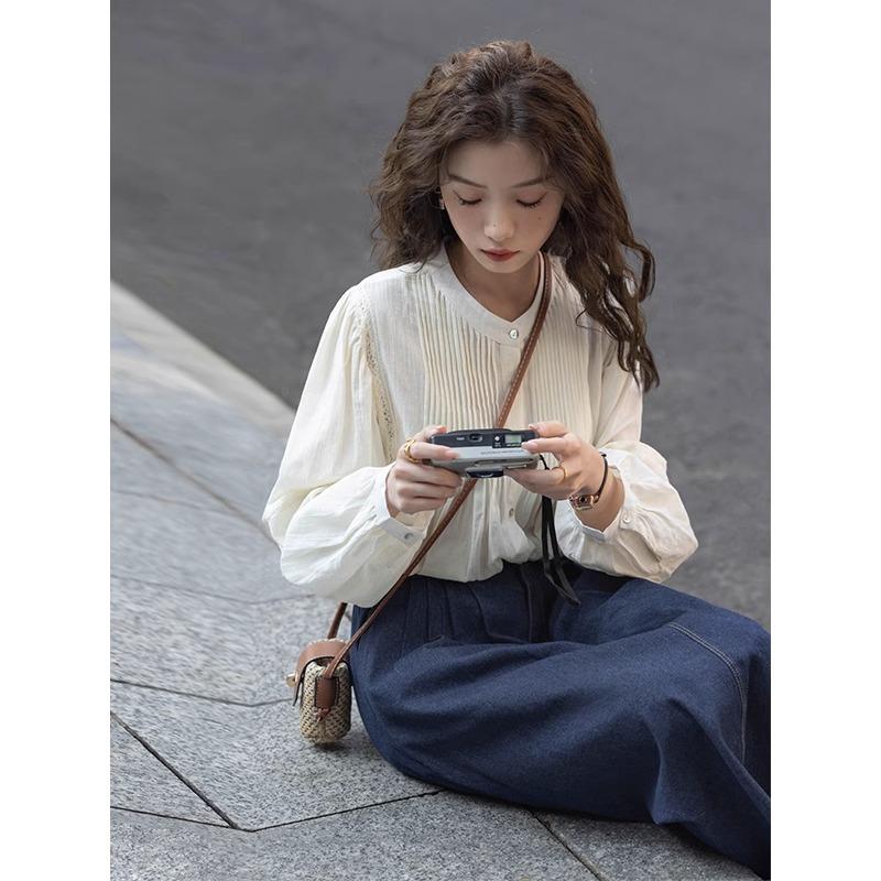 2025春秋新款小众设计感温柔蕾丝灯笼袖衬衣搭配牛仔半身裙两件套