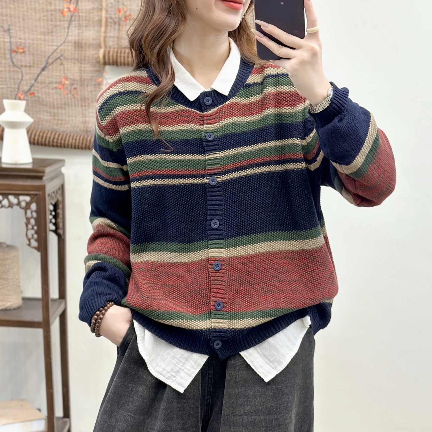 2025新款条纹短款针织休闲风秋冬毛针织衫网红开衫撞色