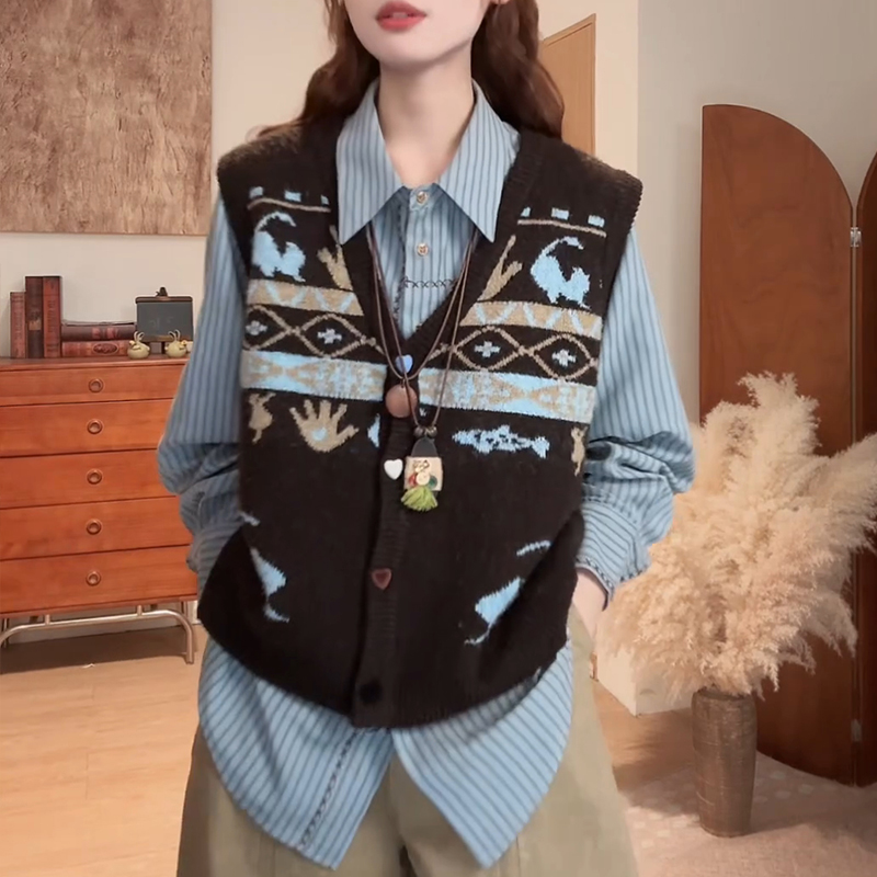 2025秋季简约撞色马甲百搭条纹衬衫设计感休闲设计感两件套套装潮