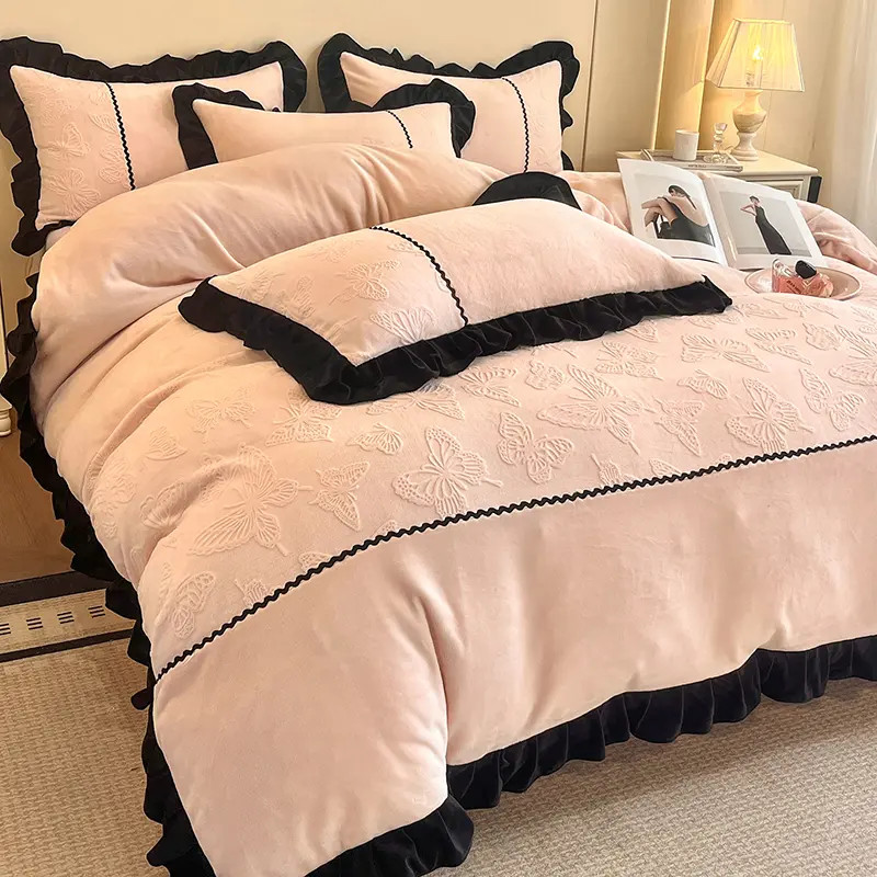 富安娜小香风A类加厚牛奶绒拼接四件套双面绒被套床单雕花绒套件4