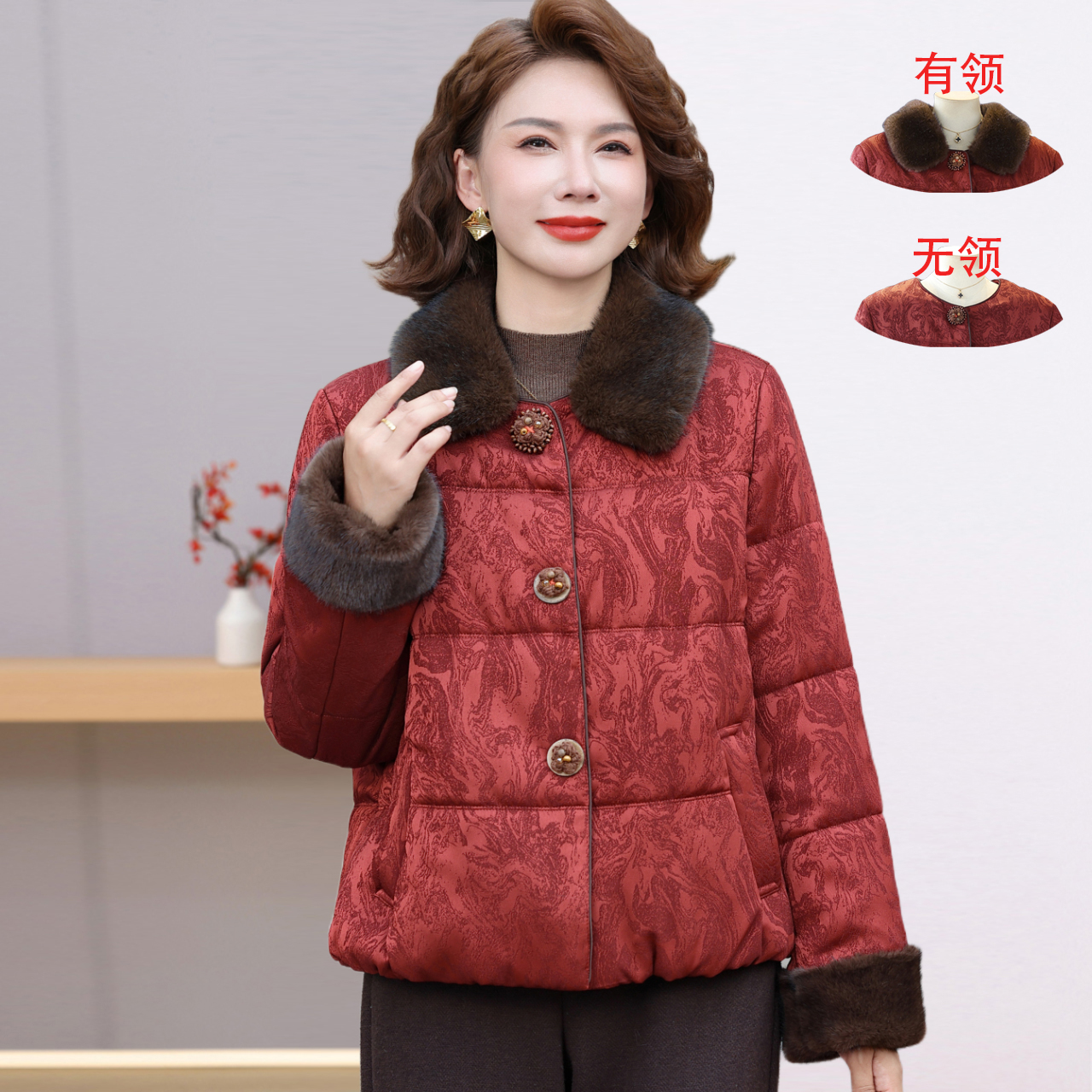 时尚气质新款妈妈秋冬羽绒棉服短款中老年女高档加棉保暖棉衣外套