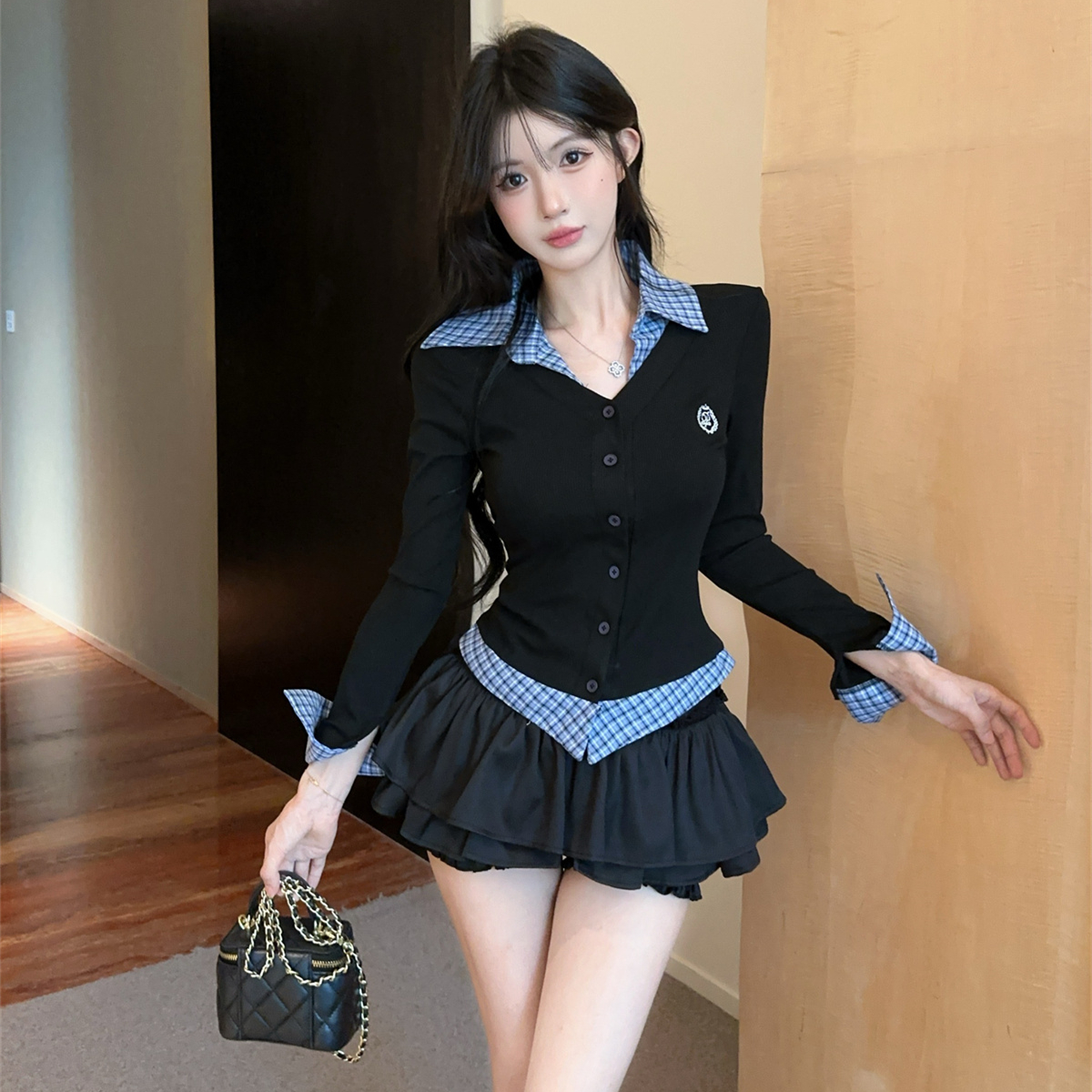 格韵黑甜 学院风jk制服辣妹修身假两件长袖上衣蓬蓬半身裙两件套