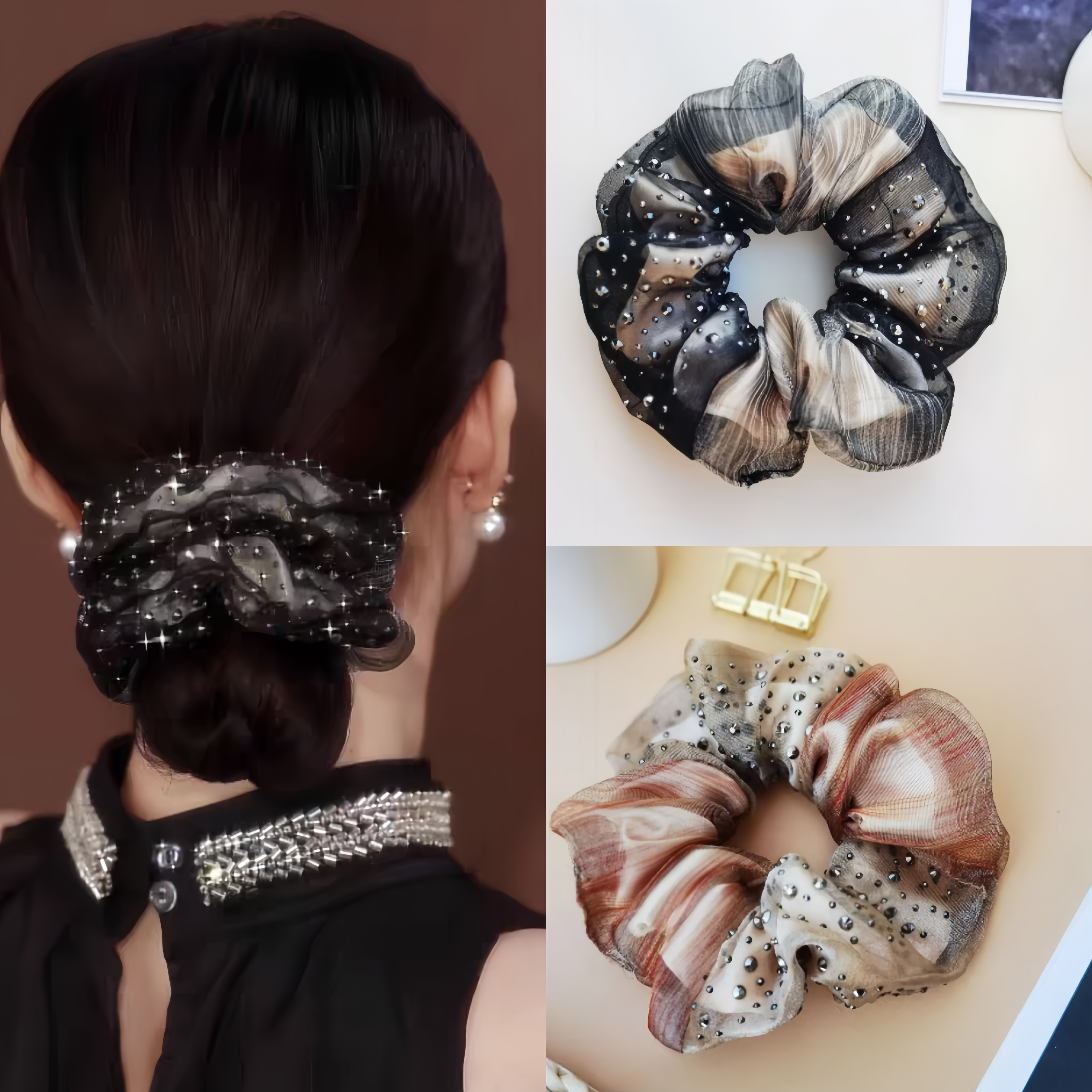 法式温柔气质头绳2025年秋冬新品女超闪镶钻印花薄纱大肠发圈发绳