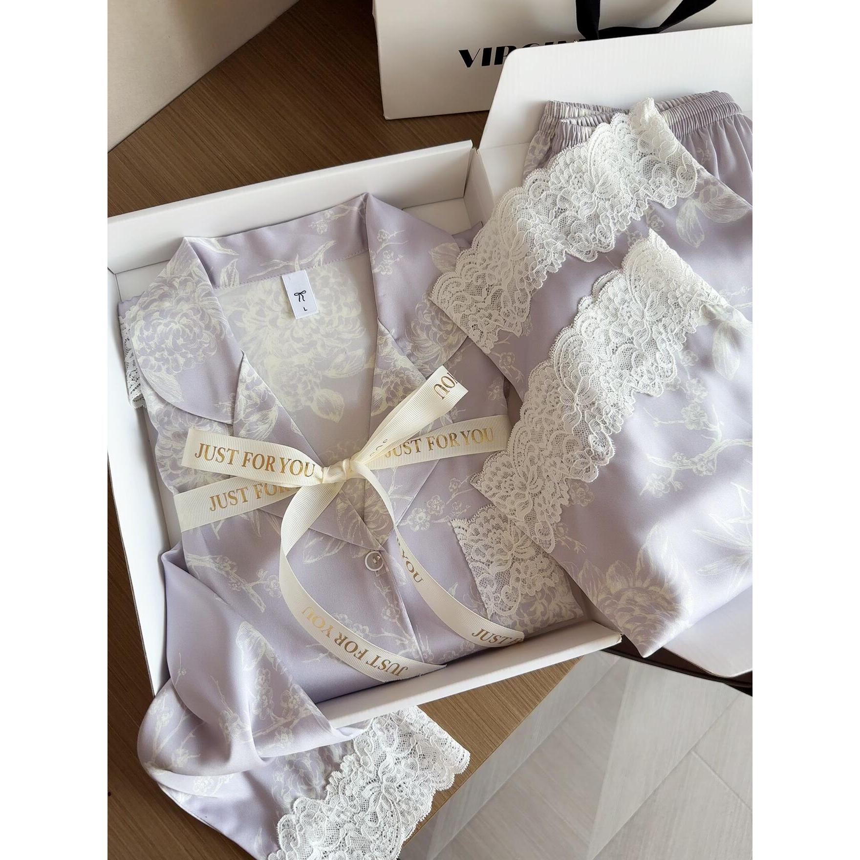 梦幻紫轻奢高级蕾丝花边冰丝睡衣女套装2025新款春夏家居服外穿