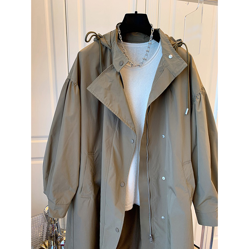 8758春秋季抽绳收腰宽松显瘦慵懒风连帽中长款防风工装风衣外套女