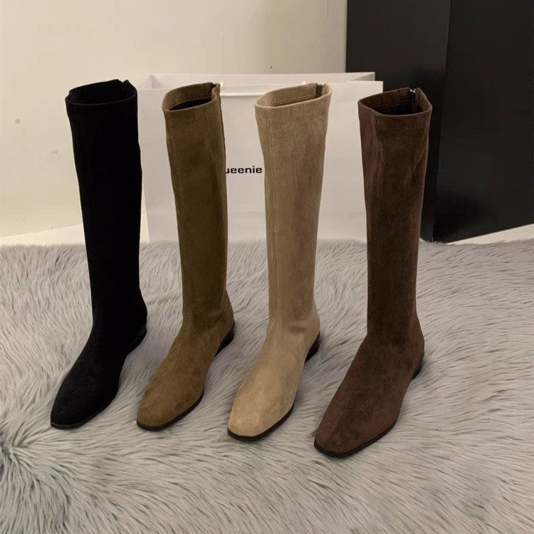 粗跟尖头绒面瘦瘦长筒靴女鞋2025新款秋冬季韩版长靴中筒骑士靴子