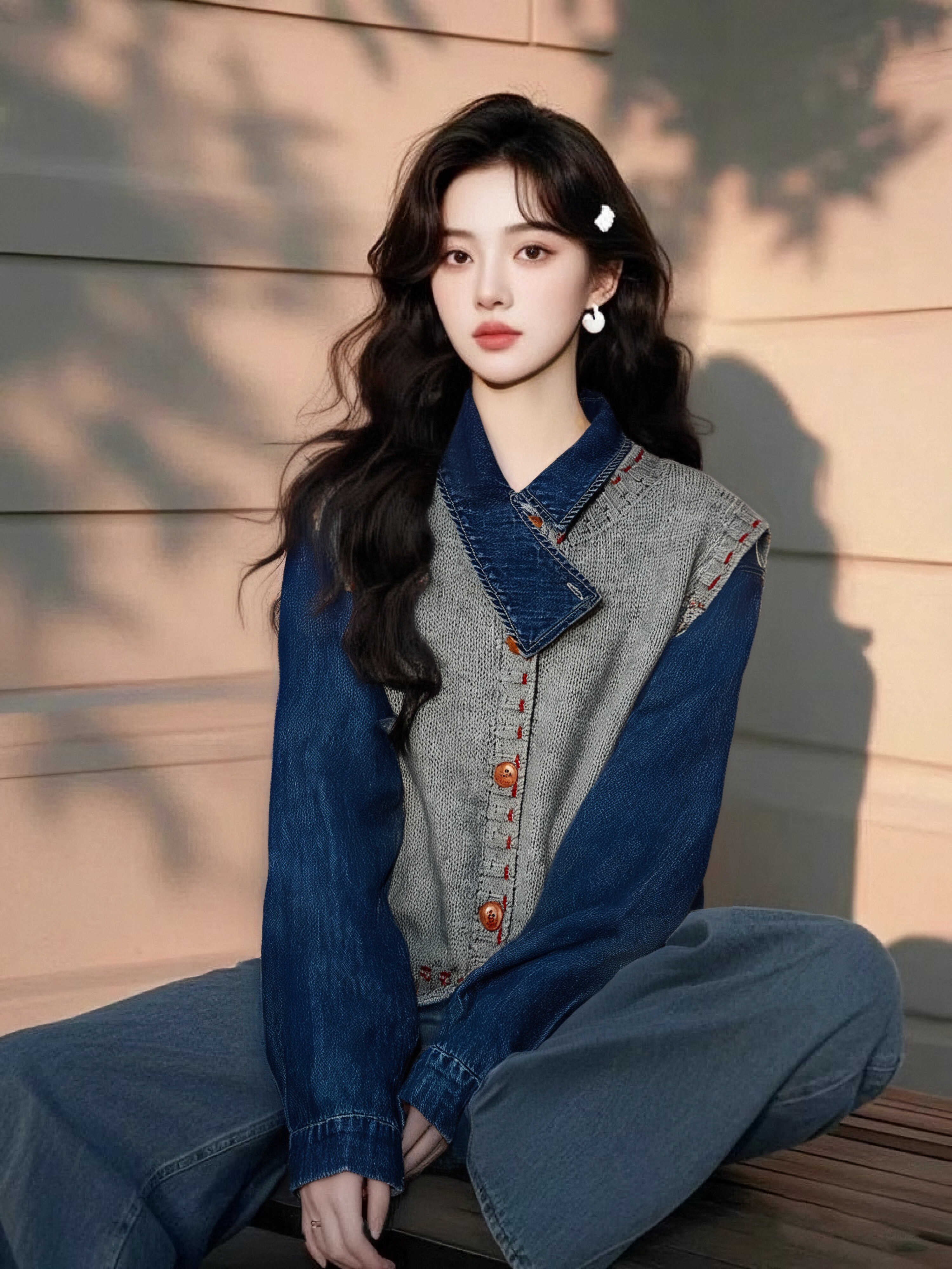 2025秋季新款长袖复古港风衬衣设计感小众牛仔衬衫外套开衫两件套