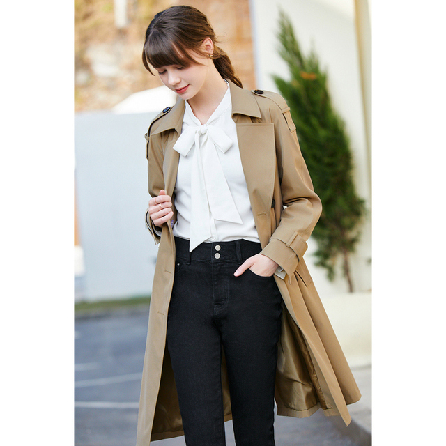 百图风衣外套女韩版修身翻领中长款小个子春季新款