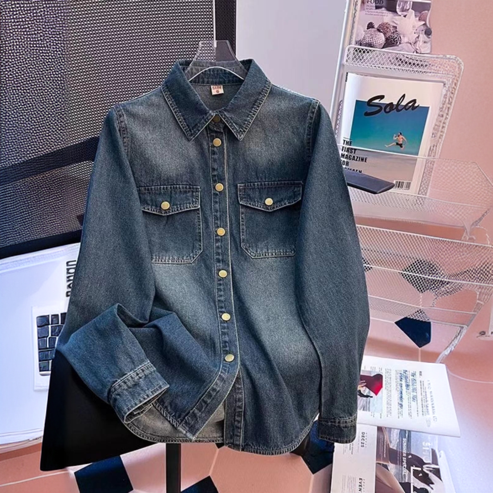 POLO领牛仔衬衫外套女2025春季新款复古韩版休闲百搭翻领衬衣上衣