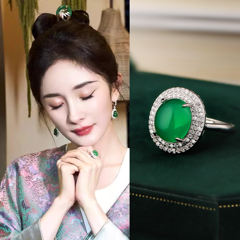 黄铜戒指 杨幂同款戒指女蛋面镶钻小众设计新中式国风开口指环