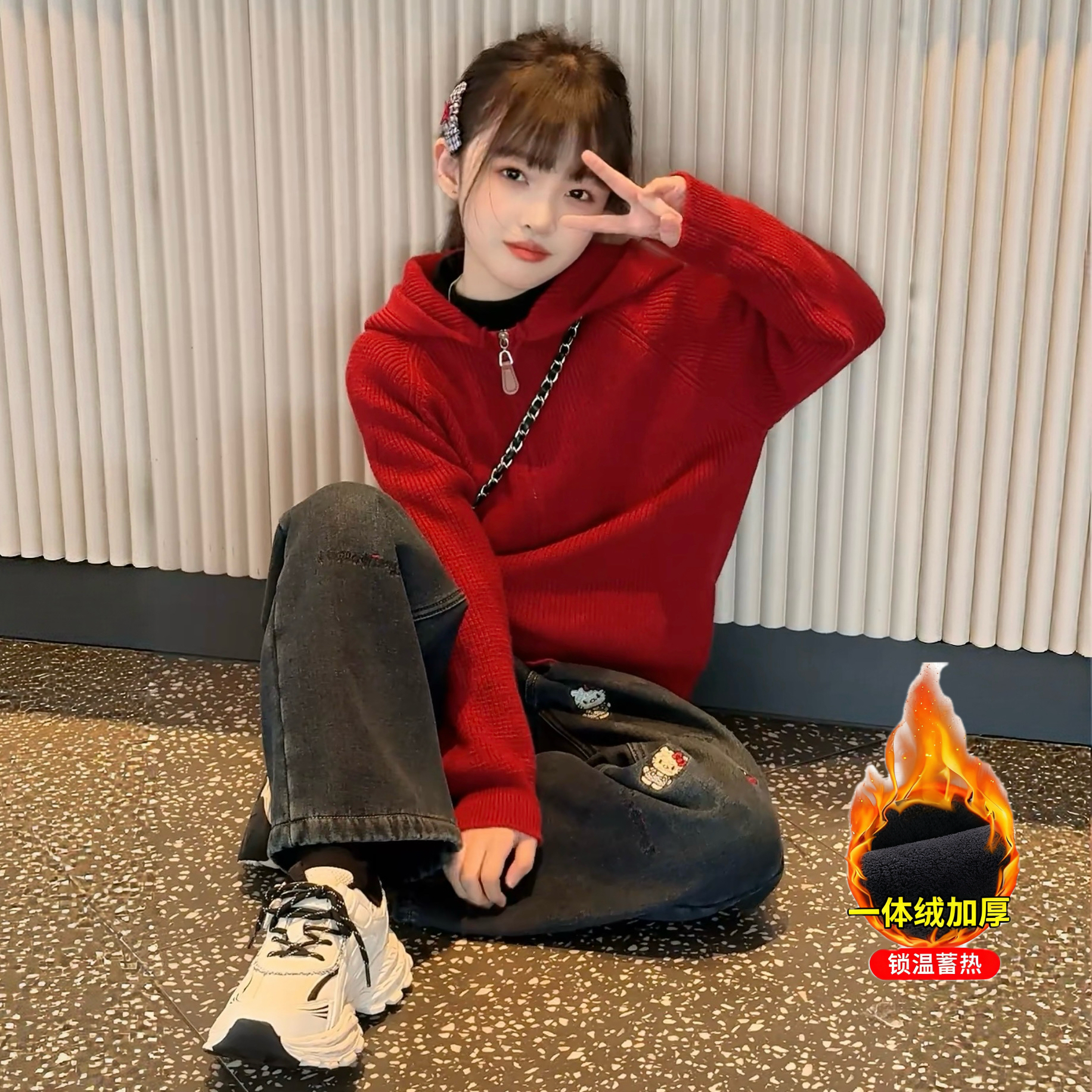 女童秋冬新款时尚拉链毛衣连帽开衫猫咪刺绣宽松加绒牛仔裤两件套