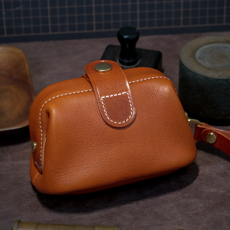 手工复古软头层牛皮手提收纳包 文玩手串核桃收纳真皮口金包 小包