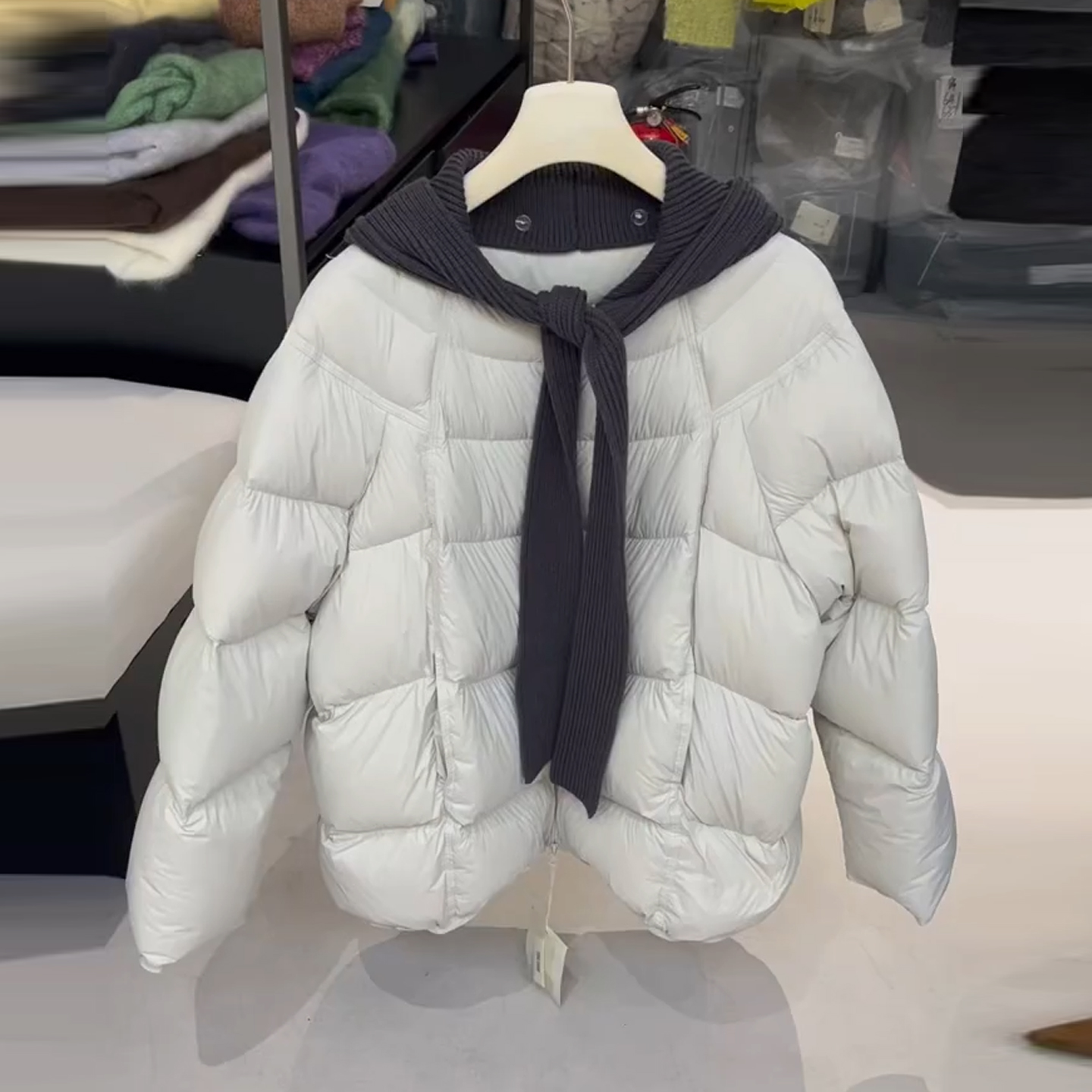 针织连帽泡芙龟背羽绒服女2025冬季新款小个子韩系白鸭绒保暖外套