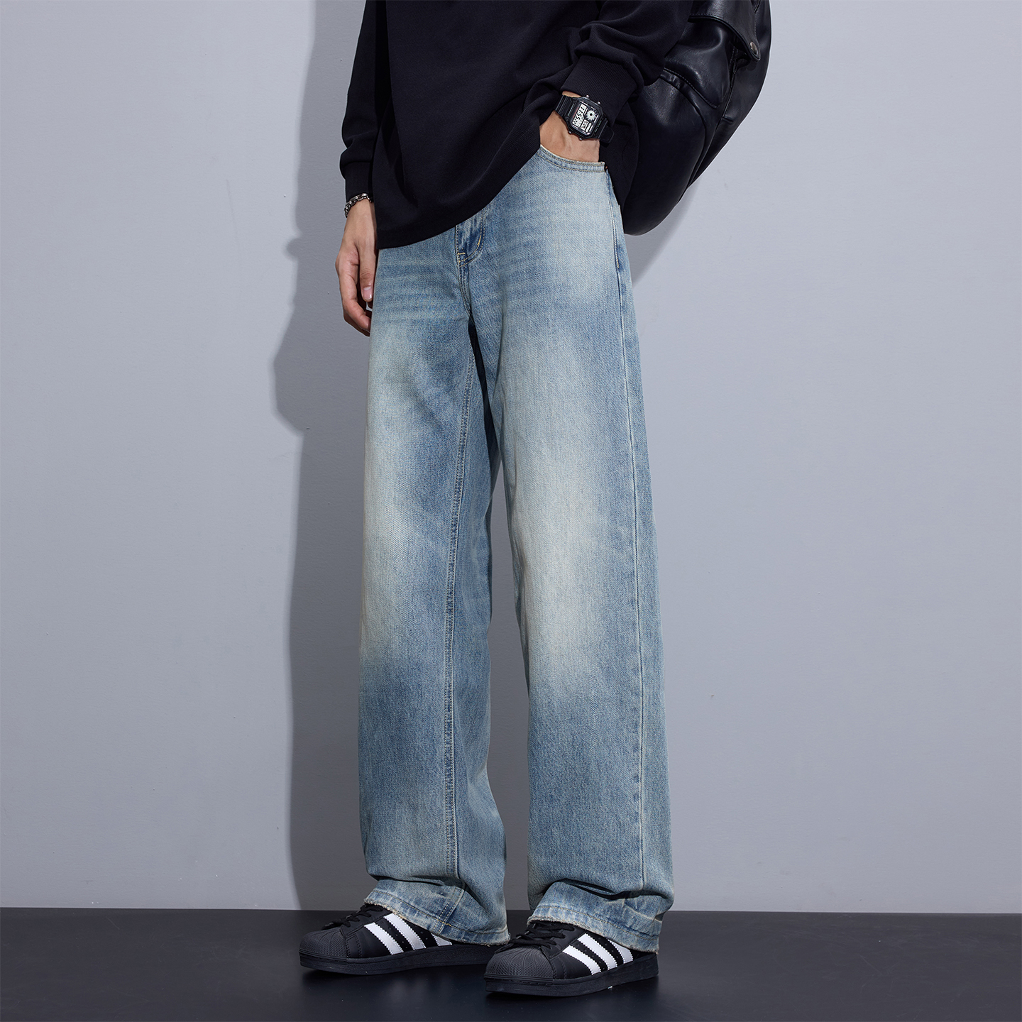 Kuvine2025秋季美式复古潮牌cleanfit宽松直筒磨边水洗牛仔裤男款