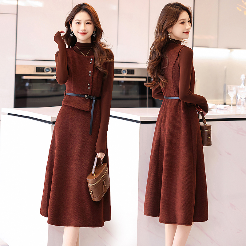 高级感两件套装女2025新款春秋气质修身显瘦时尚毛呢背心连衣长裙
