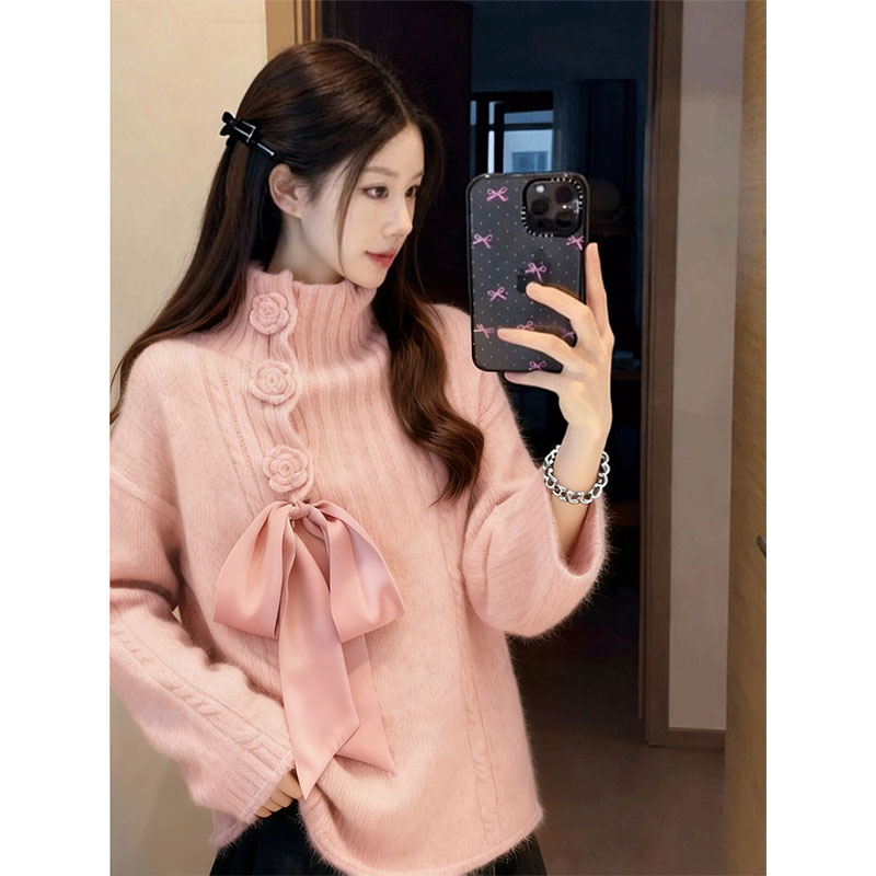 粉色蝴蝶结立领毛衣女款2025新款秋冬立体花朵气质长袖针织衫上衣