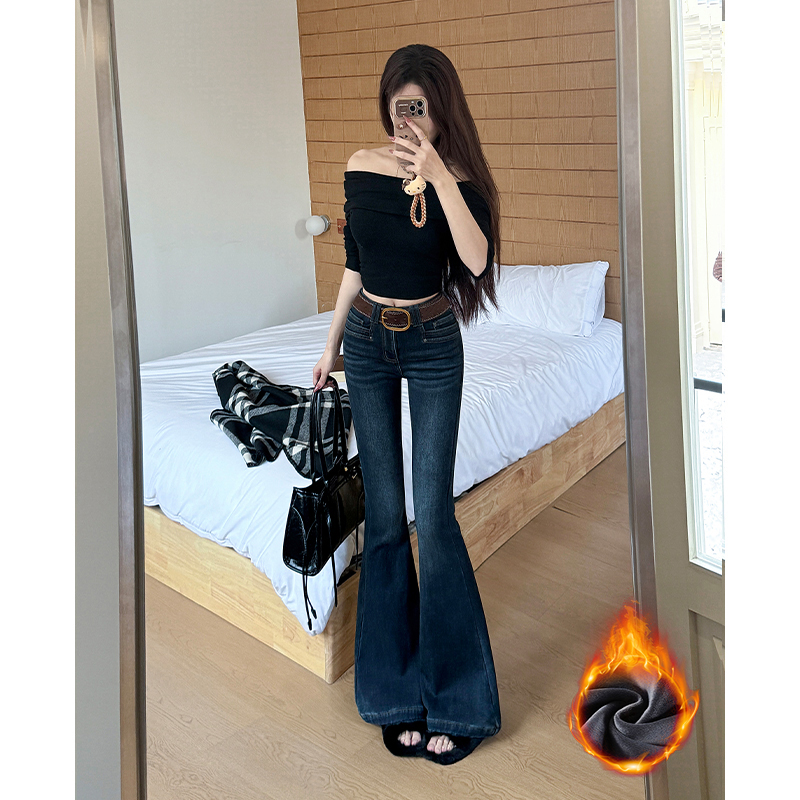高腰微喇牛仔裤女2025冬新款加绒修身显瘦辣妹喇叭裤
