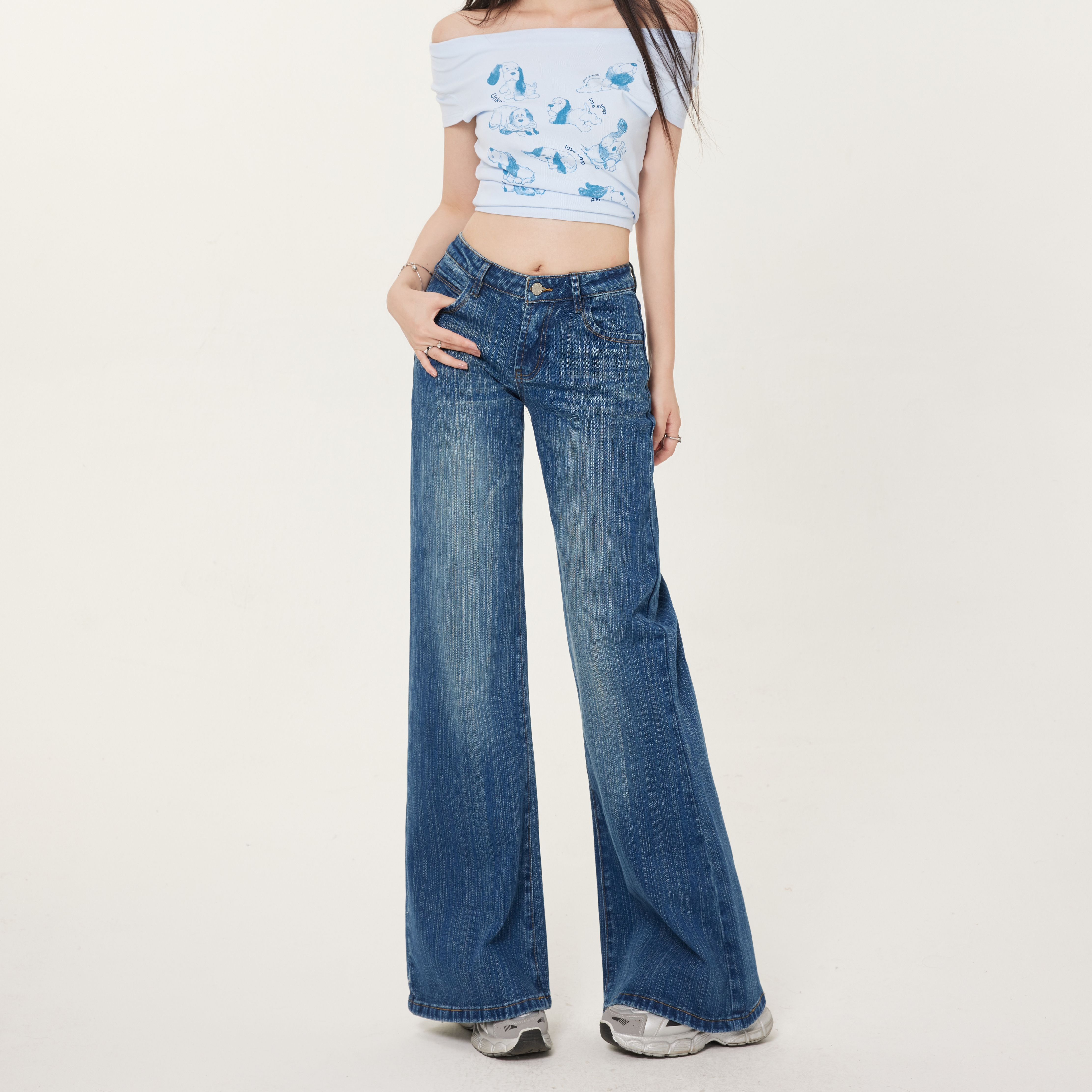 重工竹节纹辣妹复古美式低腰微喇牛仔裤女2025秋季显高显瘦长裤子