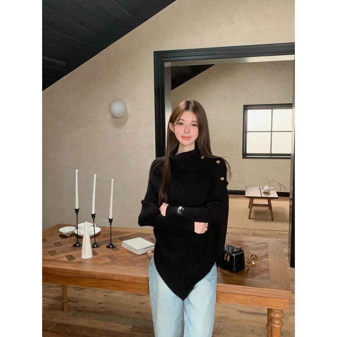 毛衣女秋冬2025小众气质黑色高领针织衫上衣复古慵懒风长袖上衣