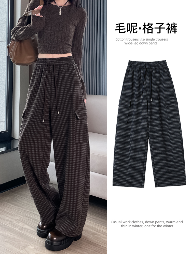毛呢格子工装高腰裤