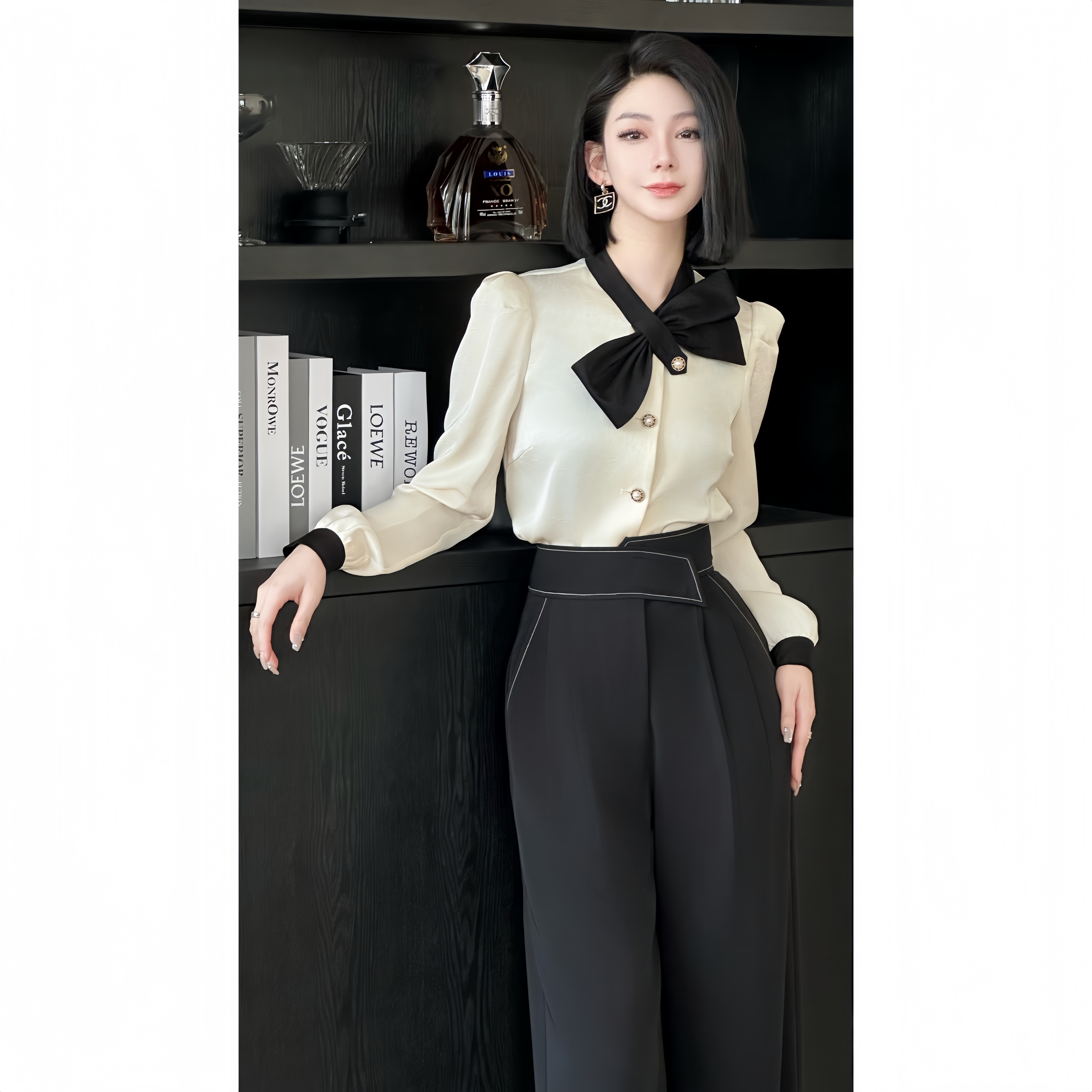 格娜时尚法式小众蝴蝶结领衬衫百搭轻奢精致通勤长袖显瘦女裤套装