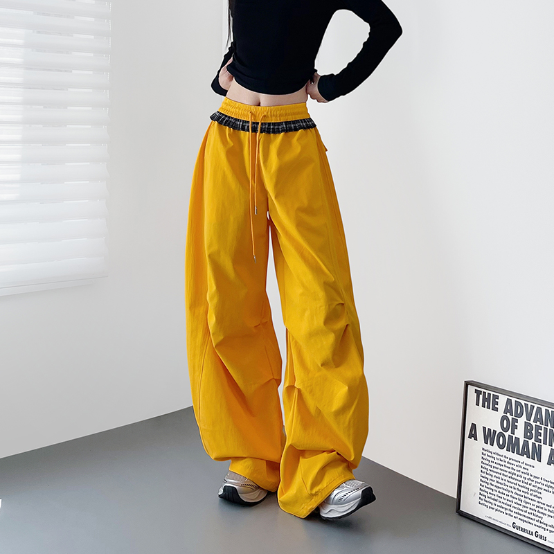 梨型身材拼接设计感休闲阔腿裤女秋季新款大码胖mm显瘦压褶长裤子