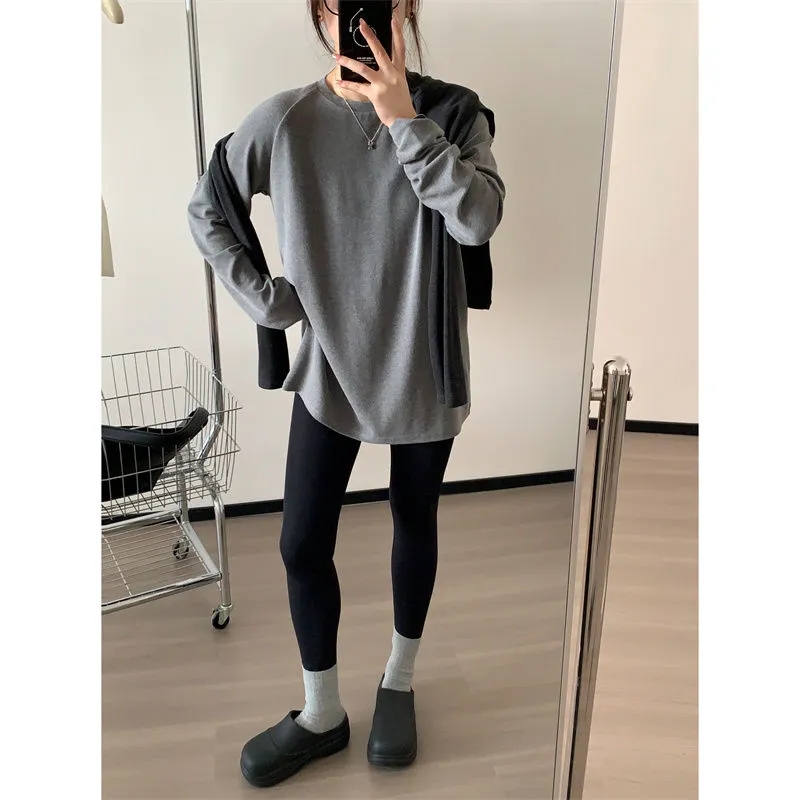 大码圆领正肩纯色宽松显瘦长袖T恤女春秋冬百搭休闲打底衫上衣ins