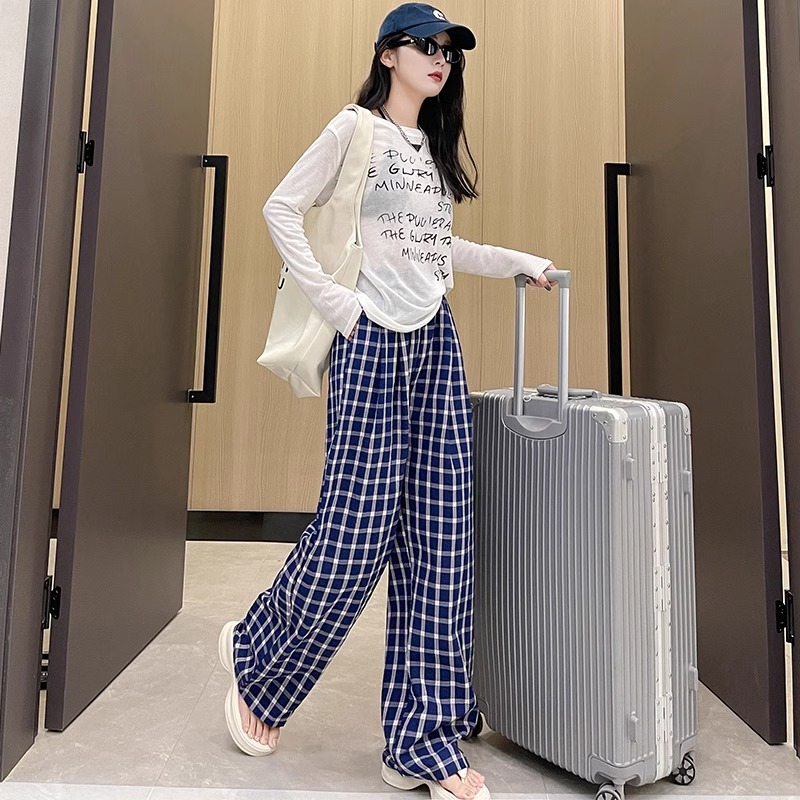 明星款藏蓝色阔腿裤女慵懒风女孩高腰薄款开春裤子休闲直筒裤夏季