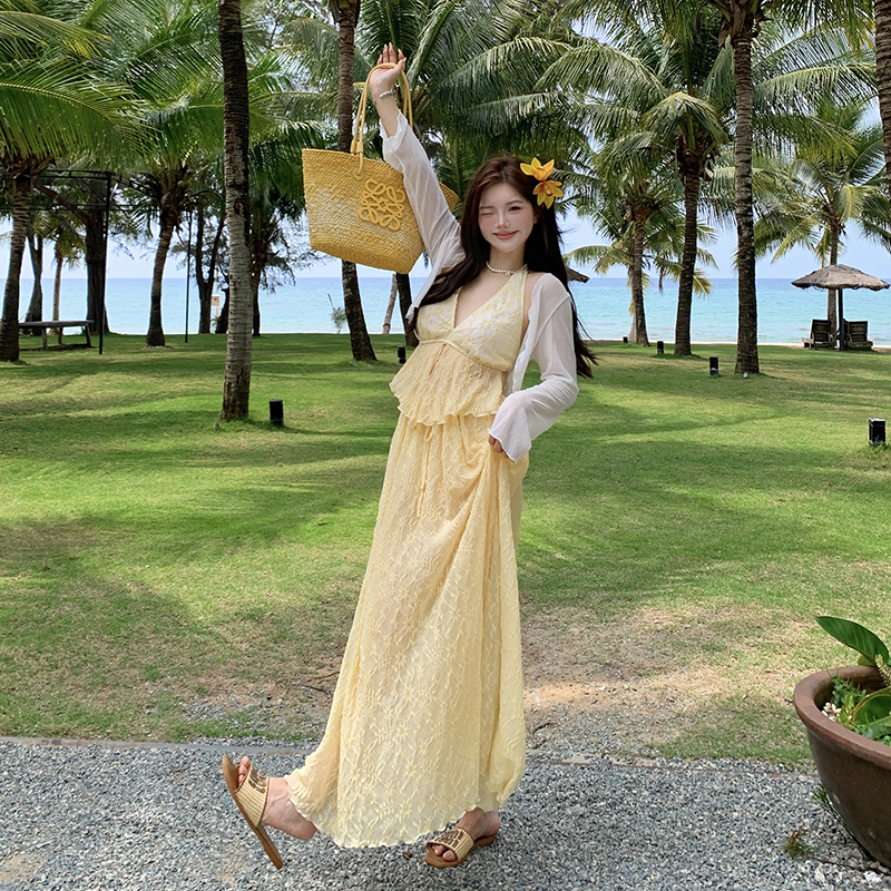 微胖大码海边度假度假甜美吊带长裙温柔纯欲风遮肚显瘦女款泳衣