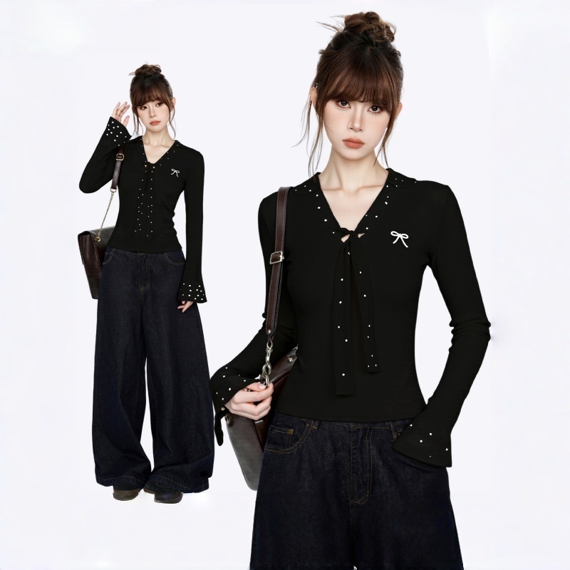 黑色波点polo领正肩长袖t恤女秋季设计感修身短款内搭打底衫上衣