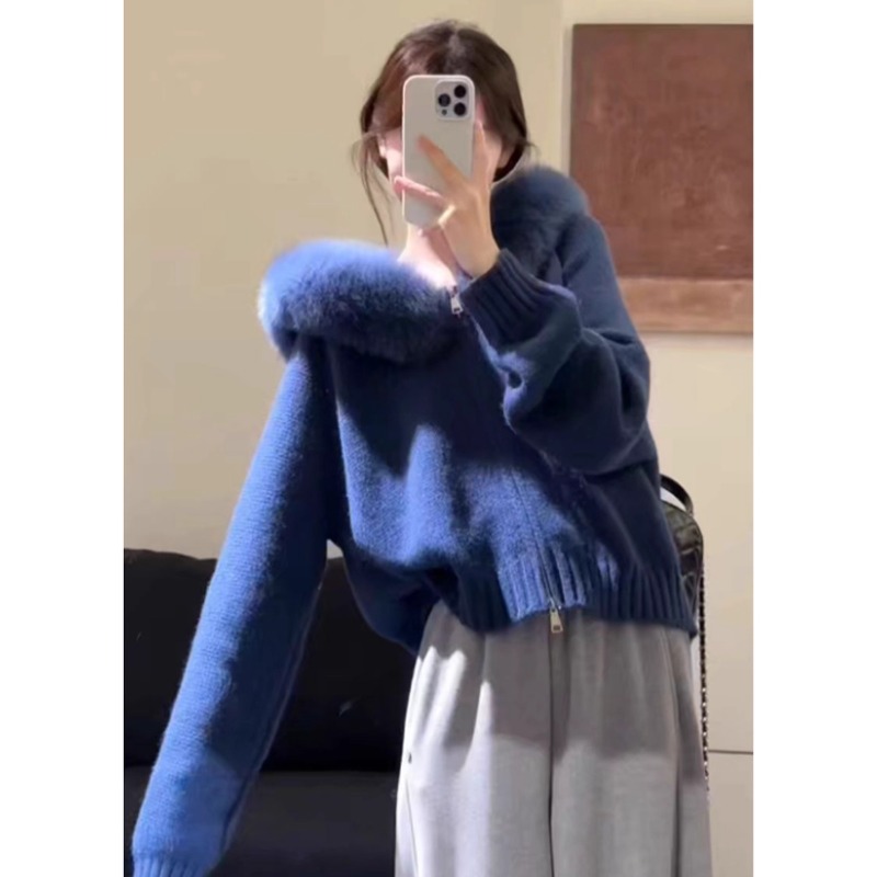 藏蓝色大毛领拉链连帽毛衣开衫女秋冬加厚宽松慵懒风针织外套上衣