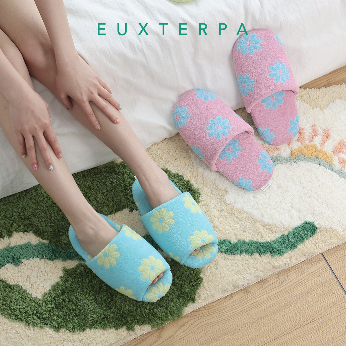 EUXTERPA欧特帕花花毛巾拖鞋/干发圈居家套装透气吸汗原创小众秋