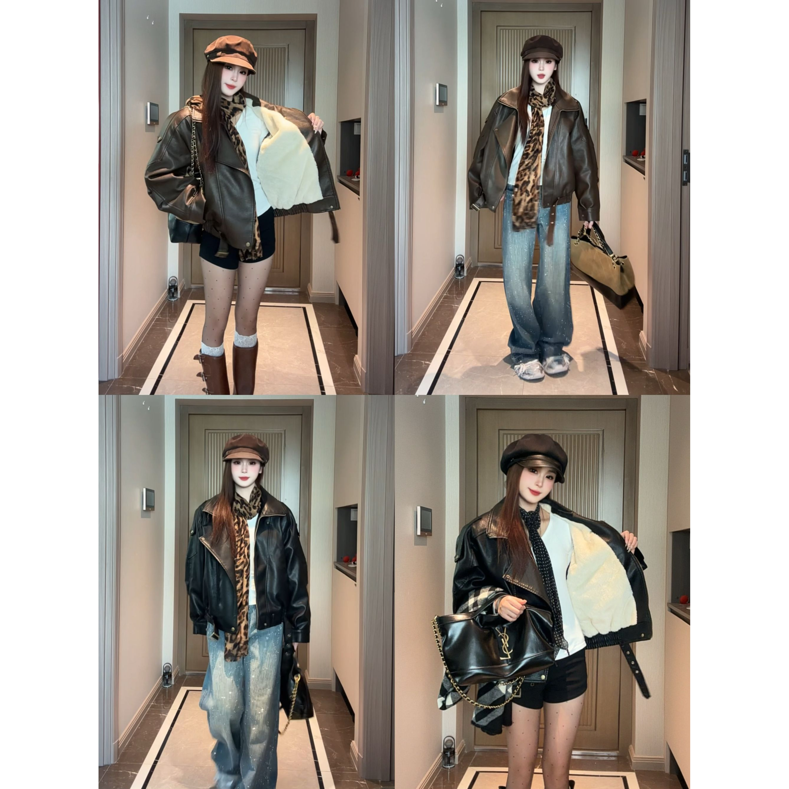 复古港风双层领男友风皮衣休闲机车服加绒加厚